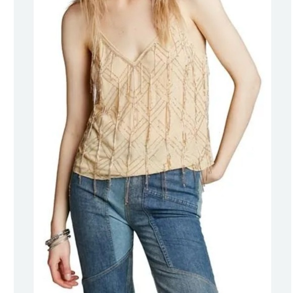 Free People Beaded Camisole Top Size L Yellow Boho Hipster Party Holiday - Picture 1 of 11